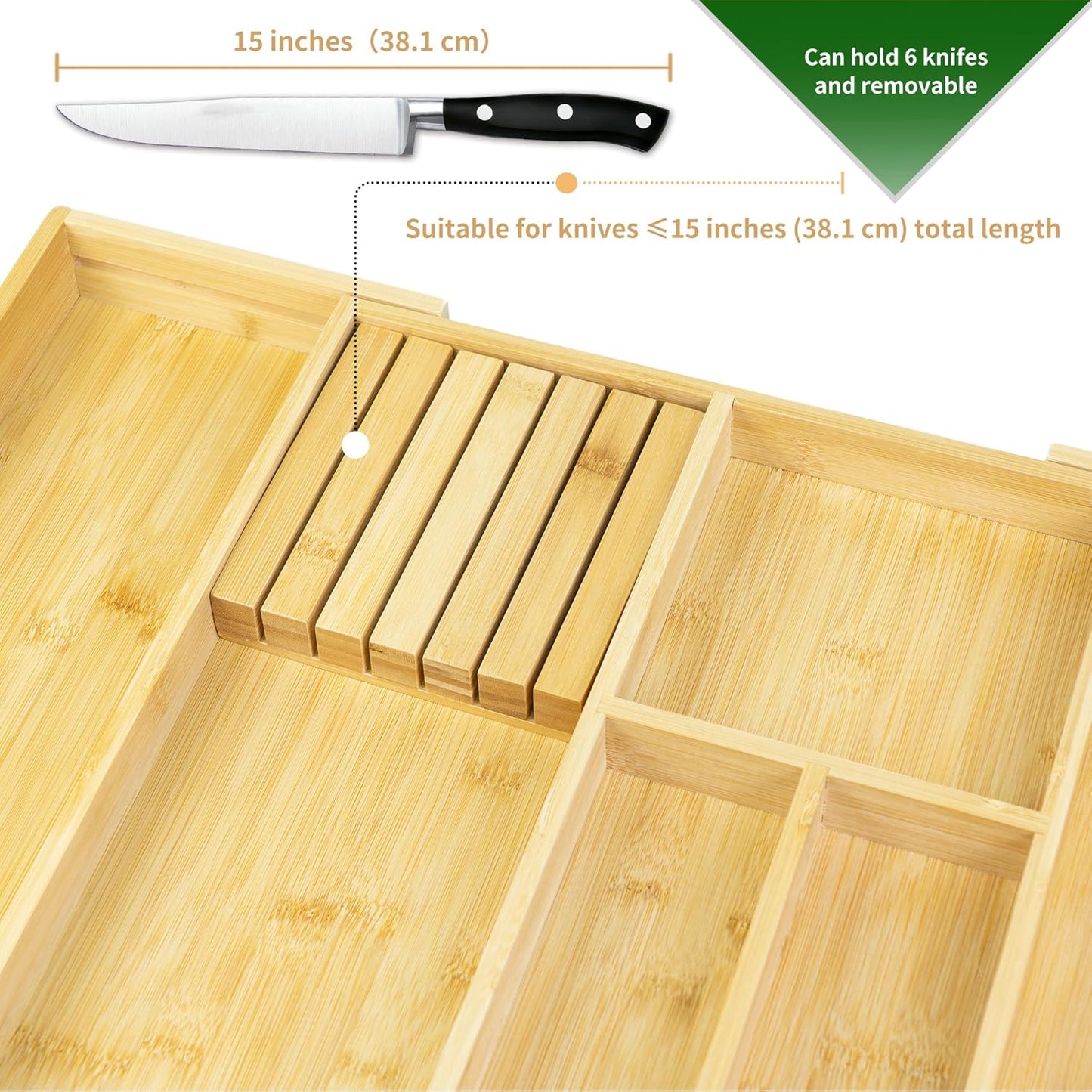 VaeFae Bamboo Silverware Drawer Organizer Kitchen, Expandable Utensil Organizer with Knife Block, Cutlery Tray with Divider, Multifunctional Drawer Organizer (Black)