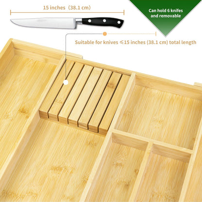VaeFae Bamboo Silverware Drawer Organizer Kitchen, Expandable Utensil Organizer with Knife Block, Cutlery Tray with Divider, Multifunctional Drawer Organizer (Black)