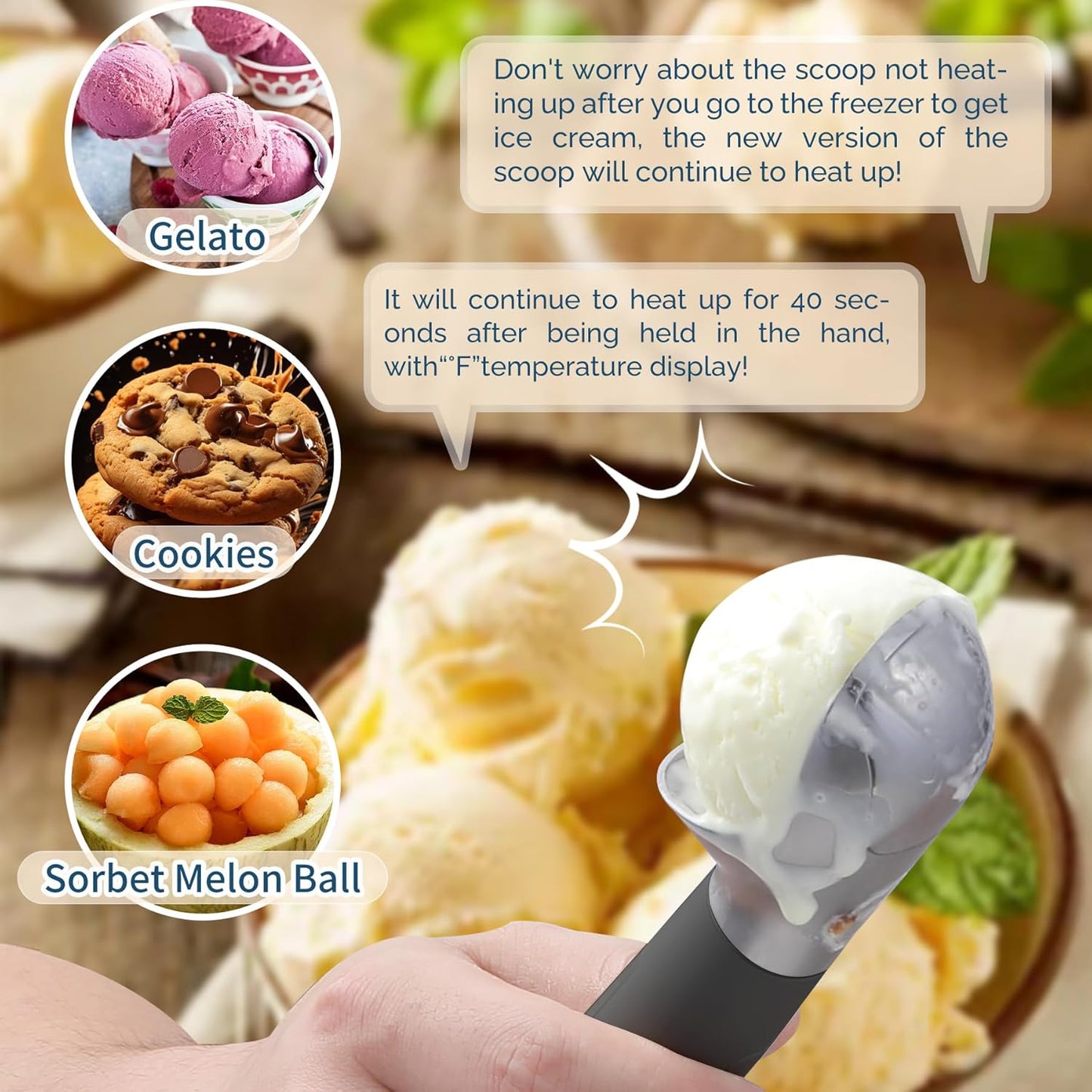 Heated Ice Cream Scoop Rechargeable, Electric Warming Ice Cream Scooper with LED Display, Heats to 158°F for Hard Ice Cream, Easy for Seniors & Kids, IP67 Waterproof (Black, 2 oz)