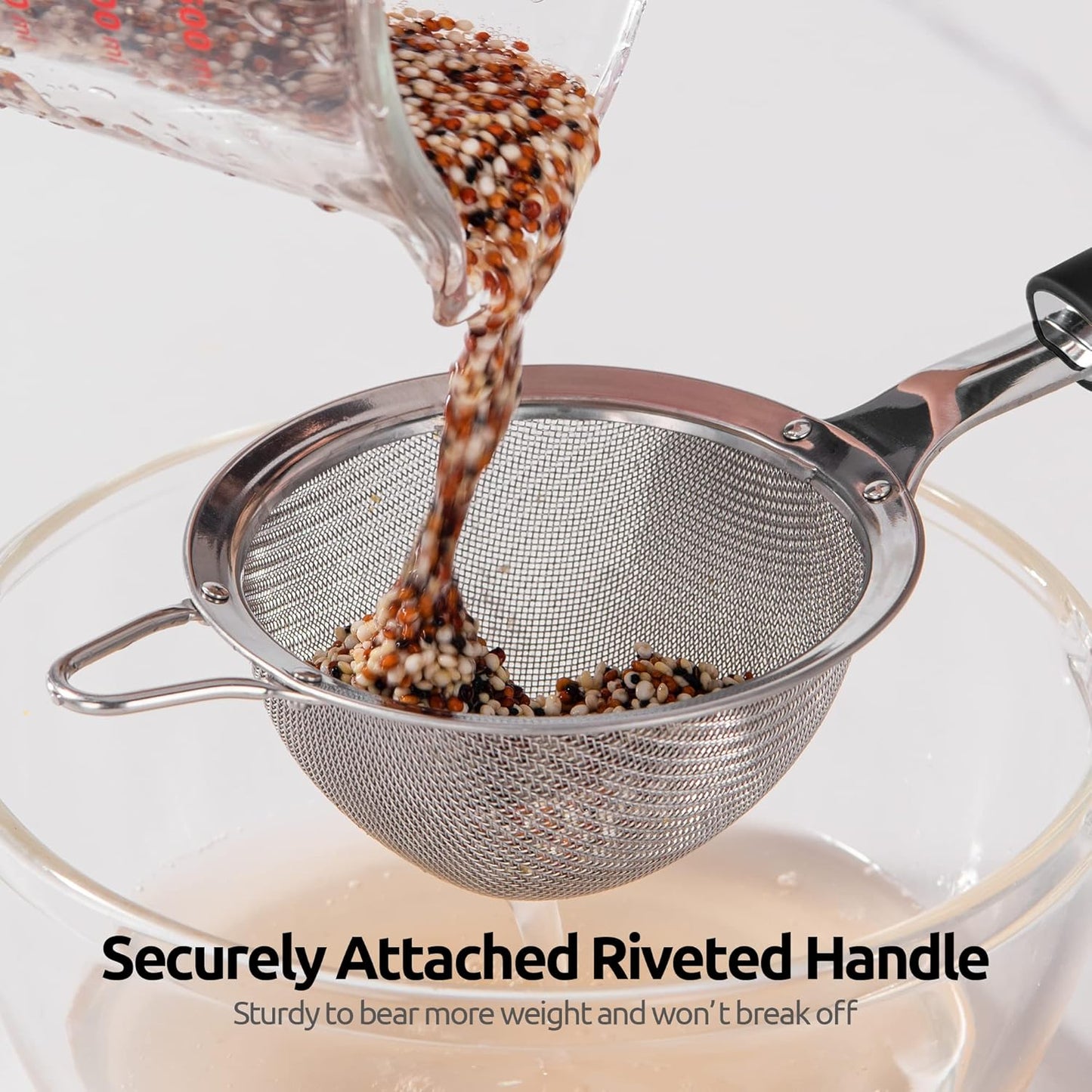 18/8 Stainless Steel Mesh Strainer: U-Taste 5.5 Inch Kitchen Fine Mesh Sieve Food Colander with Riveted Sturdy Silicone Handle and 30 Mesh Hole for Straining Flour, Pasta, Fruit, Quinoa(Aqua Sky)