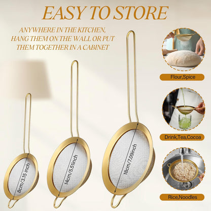 LemonRoad Gold Over the Sink Colander with Expandable Handles and 3 Pcs Gold Fine Mesh Strainer Large Stainless Steel Colander Strainer Basket for Kitchen Accessories (15-18.1 L x 10.6 W x 2.4 H)
