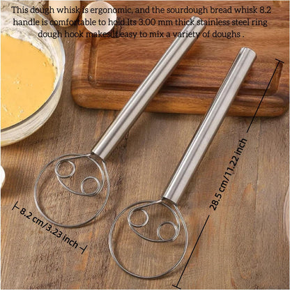 Danish Dough Whisk, 11.2 inch Stainless Steel Dough Hook Dutch Whisk for Bread Sourdough Mixer Hand Kitchen Whisking Mixing Tool