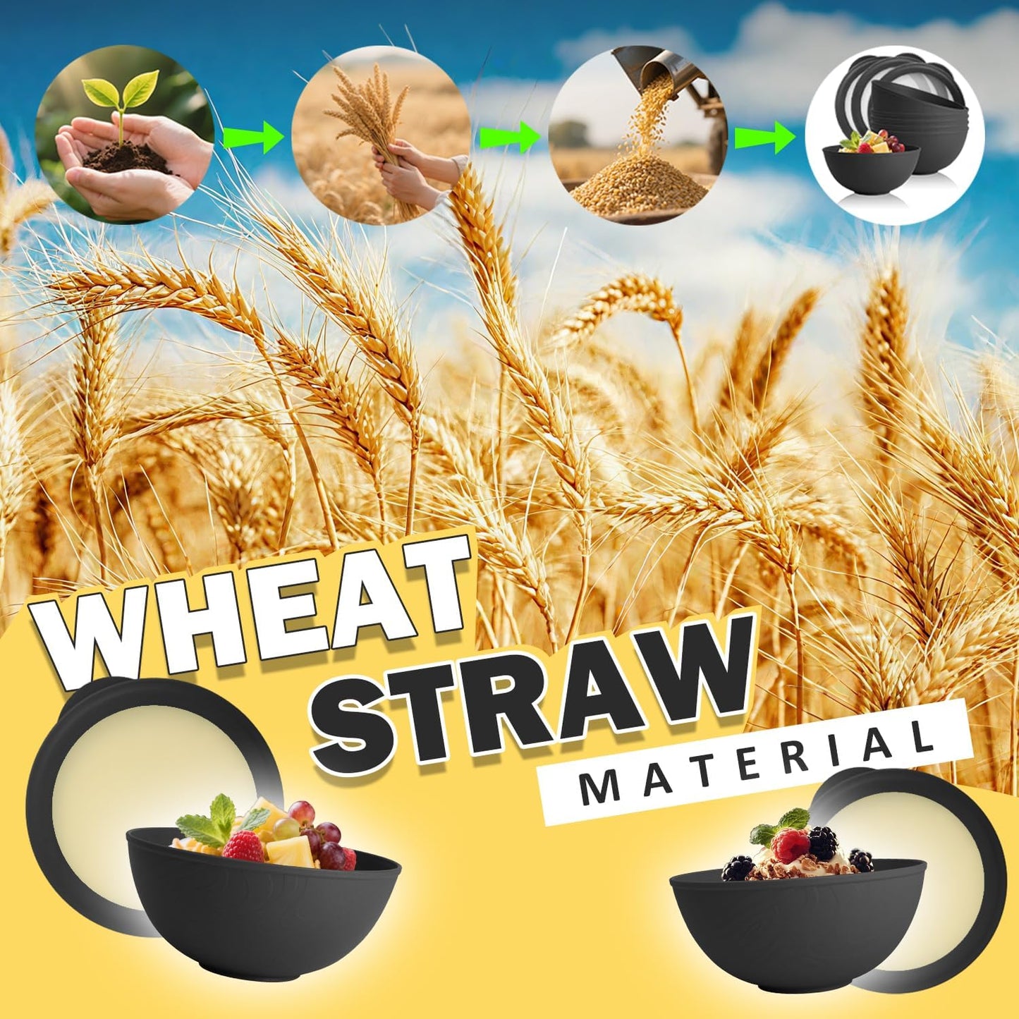 Wheat Straw Bowls Set with Lids, Unbreakable 40 OZ Cereal Bowls Set of 4, Salad Container for Lunch, Microwave & Dishwasher Safe Bowl Set for Kitchen, Picnic, RV, Camping, Multi