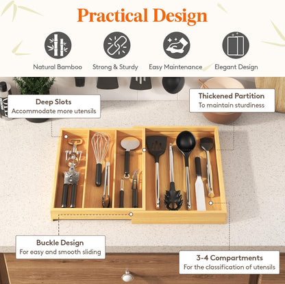 Lifewit Utensil Organizer for Kitchen Drawer, Expandable Cooking Utensil Tray, Cutlery Silverware Flatware Holder, Wood Adjustable Spatula Tools Storage Divider, 8.9-15.8 x 15.75, Natural
