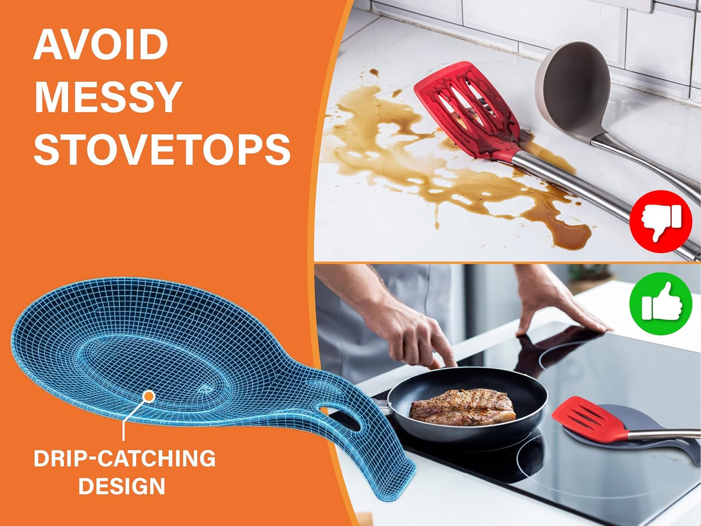 Silicone Spoon Rest for Stove Top Set of 2 – HEAT RESISTANT DISHWASHER SAFE Kitchen Utensil Holder for LARGE Utensils - Won’t Break - Non-Slip - Ideal for Glass & Induction Cooktops - for Home Cooks