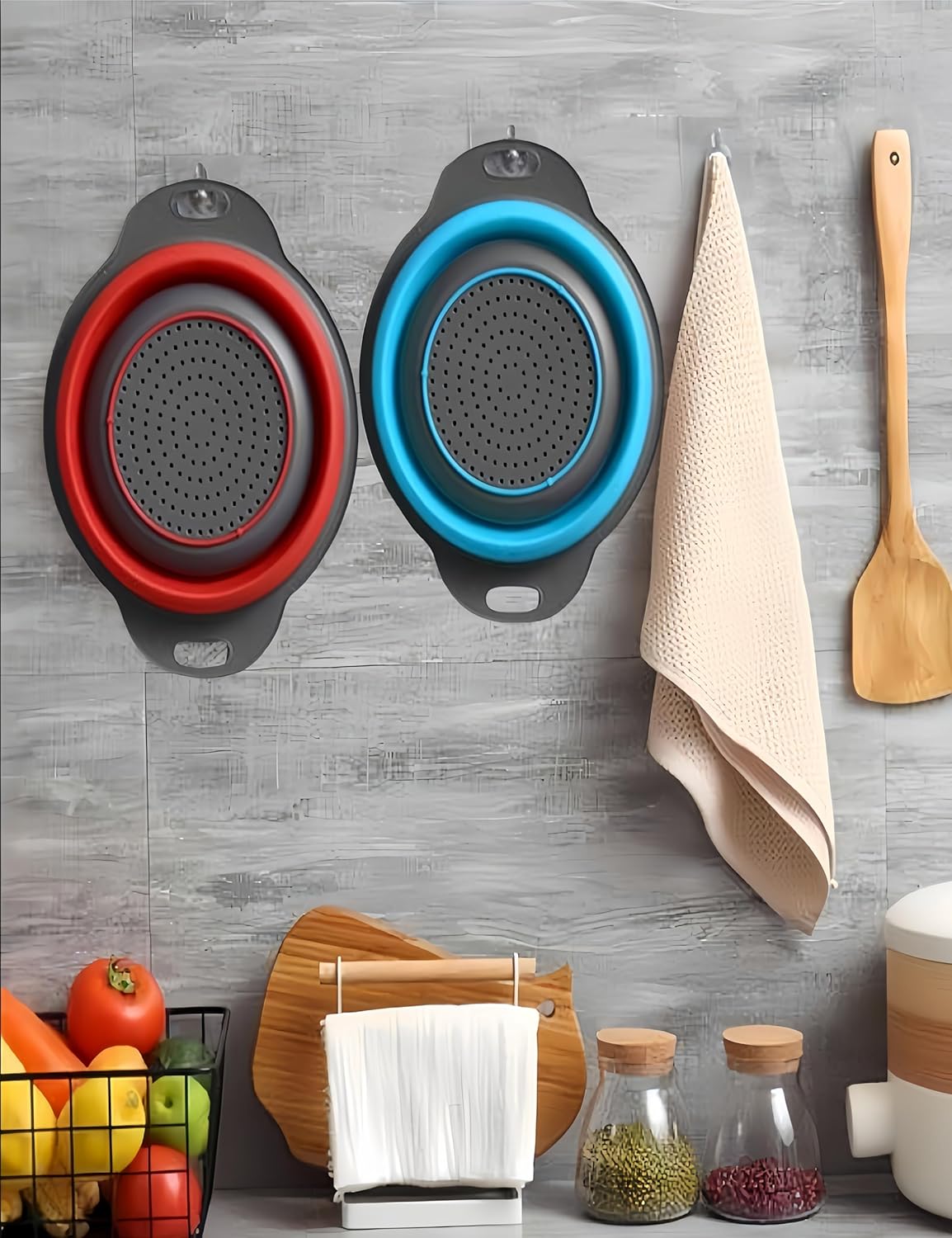 2Pack Blue Round Collapsible Colander,Plastic Handles Silicone Kitchen Strainers Foldable Kitchen Strainer,Perfect for Draining Pasta Vegetable and Fruit for Home Cooks