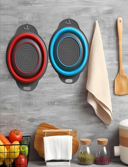 2Pack Blue Round Collapsible Colander,Plastic Handles Silicone Kitchen Strainers Foldable Kitchen Strainer,Perfect for Draining Pasta Vegetable and Fruit for Home Cooks