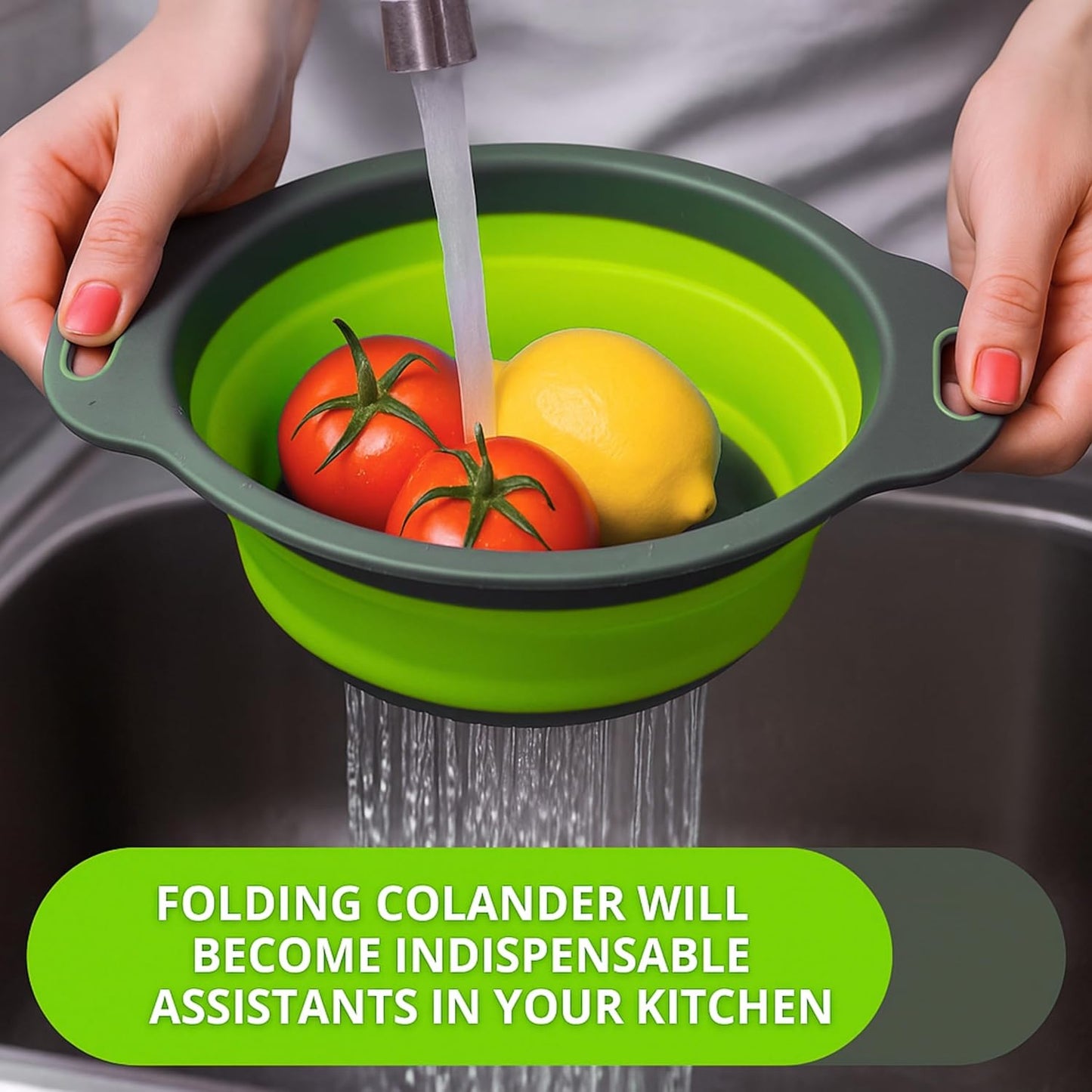 Green Kitchen Strainer Colander Set - 2 PCS Multifunctional Colander Silicone Food Strainers for Kitchen for Pasta and Spaghetti Collapsible with Plastic Handles