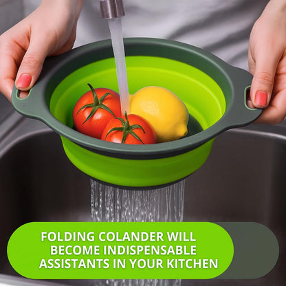 Green Kitchen Strainer Colander Set - 2 PCS Multifunctional Colander Silicone Food Strainers for Kitchen for Pasta and Spaghetti Collapsible with Plastic Handles