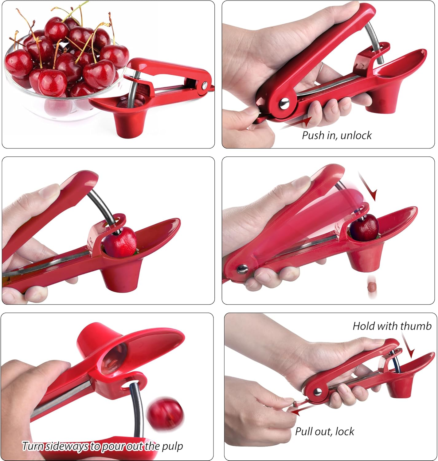 Cherry Pitter, Brighoot Stainless Steel Cherry Pitter Tool Cherries Corer with Lock Design for Making Cherry Jam, Remove Cherry Seed with Space/Safe/Quick (Red)