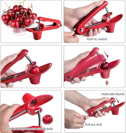 Cherry Pitter - Makmzoon Multi Cherries Corer Stainless Steel Pitter Tool with Labor-Saving Design Safe Lock Design for Making Cherry Jam - 6 Cherries