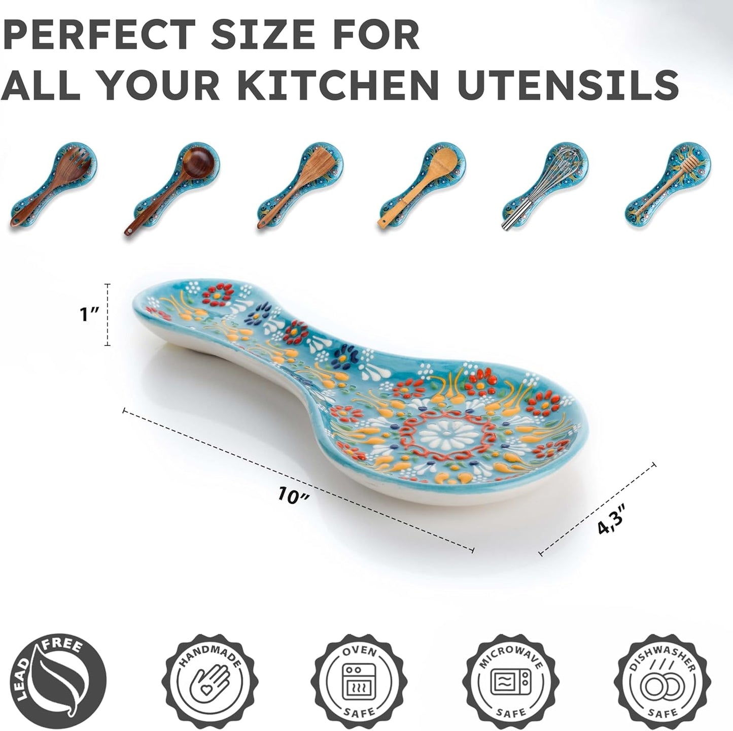 Handmade Spoon Rest, Ceramic Spoon Rest for Stove Top, 10" Spoon Rest for Kitchen Counter, Dishwasher Safe Spoon Holder for Stove, Housewarming Gifts Utensil Rest, Colorful Spoon Rests (Black)