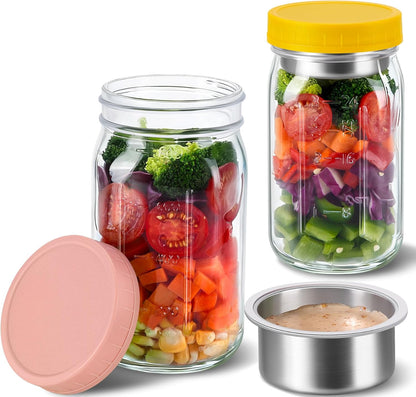KTKUDY 4 Pack 32 oz Glass Salad Jars with Dressing Cups (Pod) - Meal Prep Salad Container for Lunch - Leakproof Mason Jars with Lids