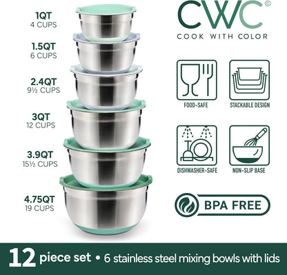 COOK WITH COLOR Stainless Steel Mixing Bowls Set with Lids - Nesting Bowls with Non-Slip Bottom, Silver, 14 Pieces