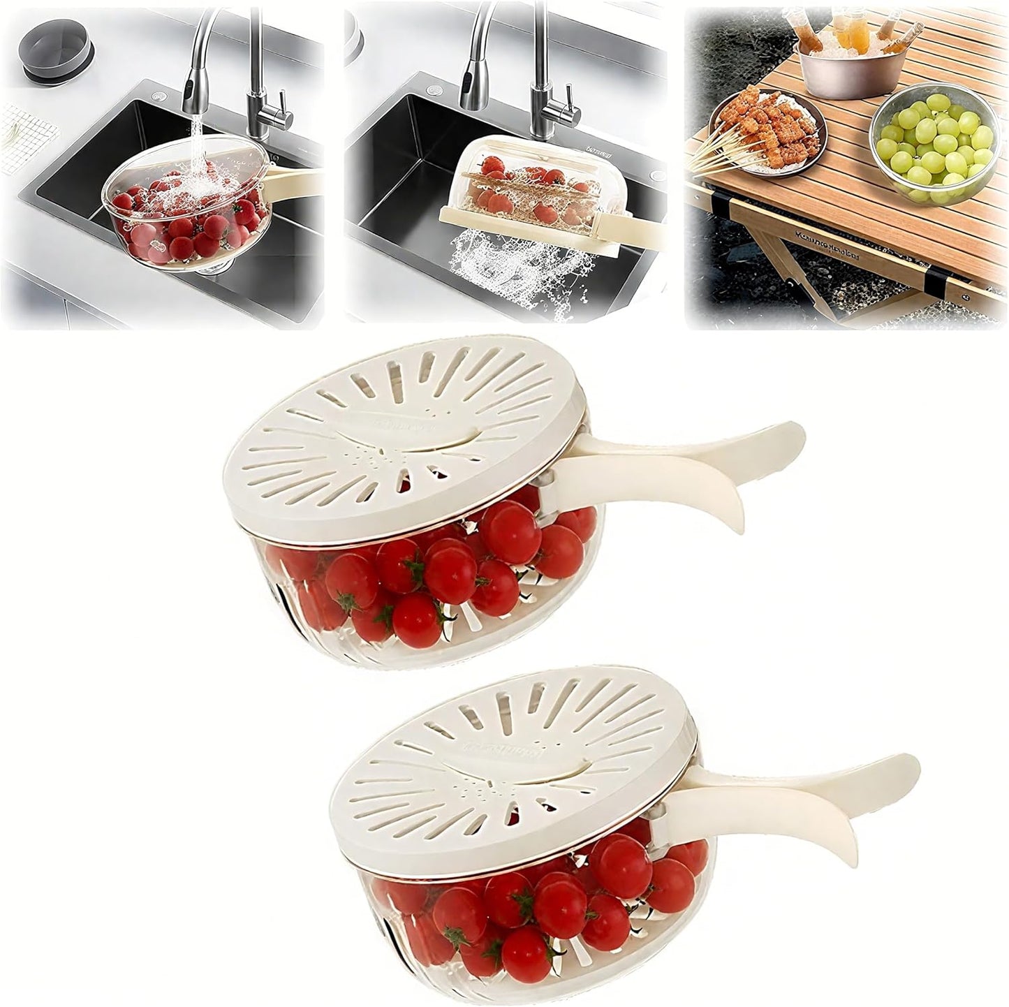 Multifunctional Fruit Washing Bowl with Strainer,2 in 1 Drain basket and Fruit Strainer Container with Lid,Fruit Washer Bowl for Kitchen,Fridge,Picnic & Camping(1QT)