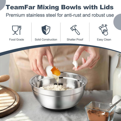 TeamFar Mixing Bowls, Black Mixing Bowls with Lids Set, Stainless Steel Nesting Salad Bowl with Air-tight Lid & Silicone Bottom, Non Slip & Stackable - Set of 6-4.6/2.6/2 / 1.5/1 / 0.7 Qt