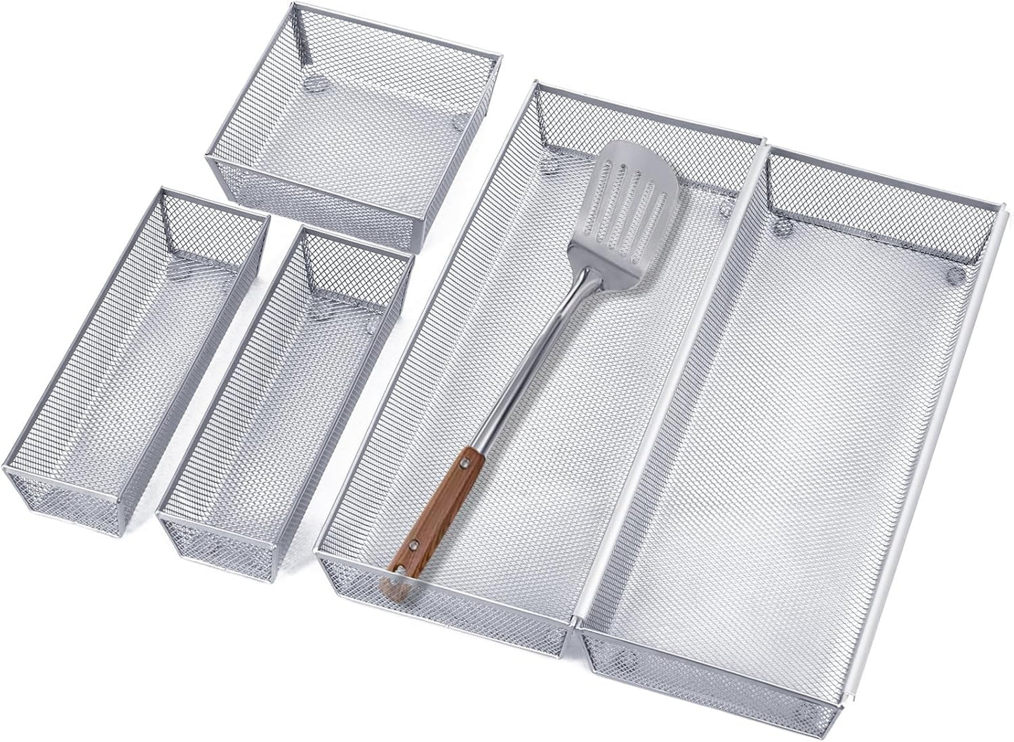 Neudeco Silverware Drawer Organizer - 5 Compartment Cutlery Tray with Non-Slip Feet, Mesh Wire Flatware Storage Divider for Kitchen, Bedroom, Living Room (Silver)