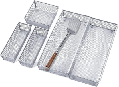 Neudeco Silverware Drawer Organizer - 5 Compartment Cutlery Tray with Non-Slip Feet, Mesh Wire Flatware Storage Divider for Kitchen, Bedroom, Living Room (Silver)