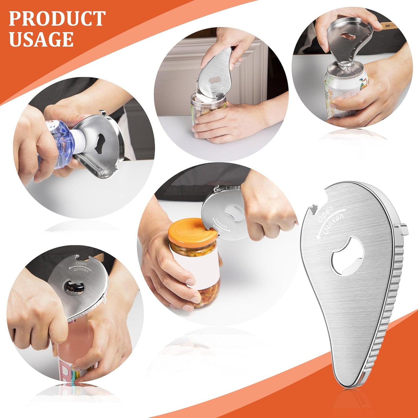 Uinxan Bottle & Jar Opener for Weak Hands & Seniors – 5 in 1 for Vacuum Seals, Soda, Small Jar Lids(0.6"-2.7"), Beer Caps, Pull Tabs – Multifunction Portable Tool for Elderly/Women/Men (Silver)