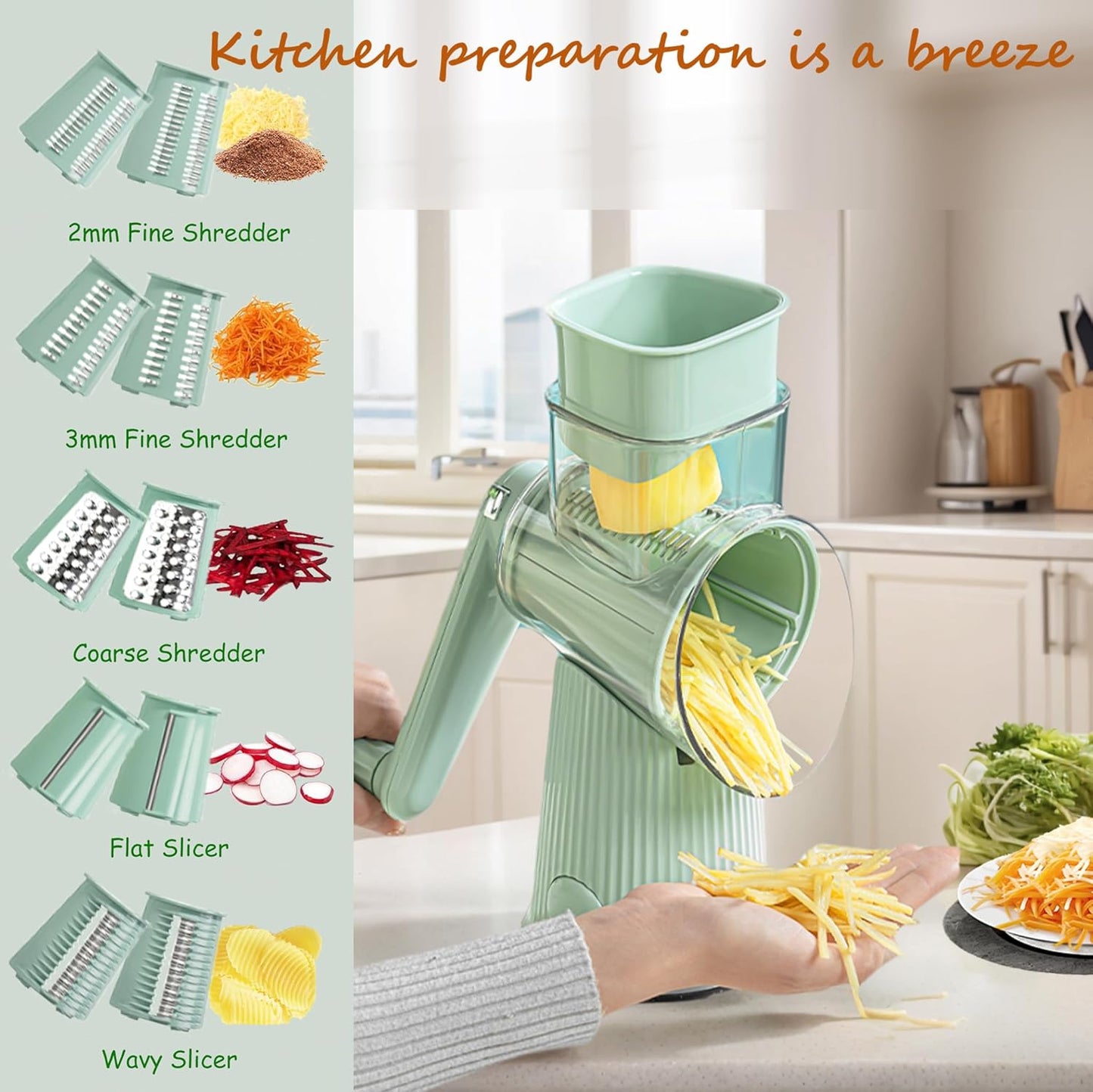5-in-1 Rotary Cheese Grater Vegetable Slicer, 5 Interchangeable Blades Food Shredder with Anti-Slip Reinforced Suction Base, Kitchen Mandoline Chopper with Blade Storage Box (Green)
