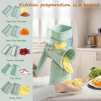 5-in-1 Rotary Cheese Grater Vegetable Slicer, 5 Interchangeable Blades Food Shredder with Anti-Slip Reinforced Suction Base, Kitchen Mandoline Chopper with Blade Storage Box (Green)