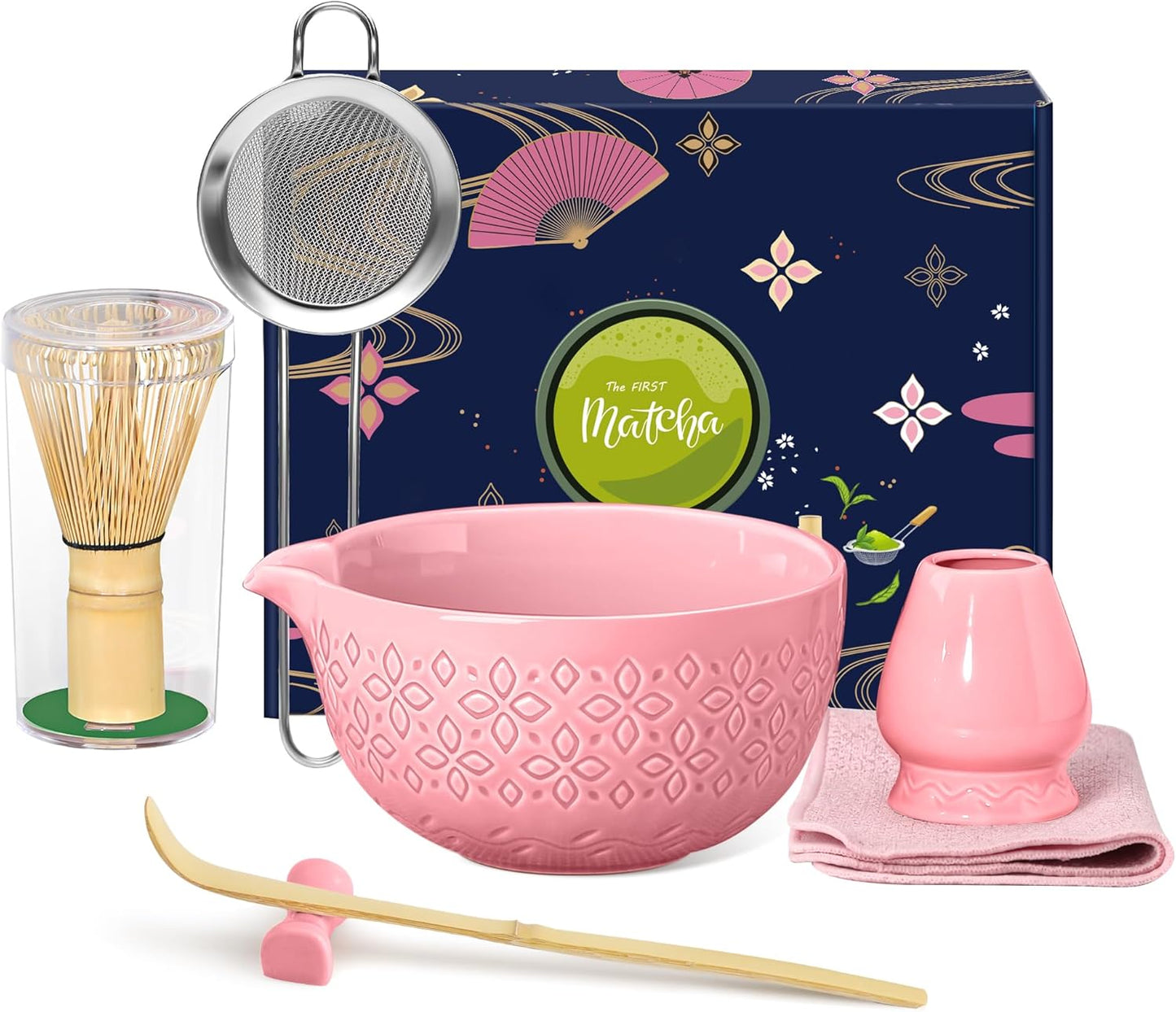 Matcha Whisk Set Matcha Kit - 7 Pcs Japanese Tea Set Includes Matcha Bowl with Spout,Bamboo Whisk with Ceramic Holder,Bamboo Scoop and Rest,Sifter,Tea Towel, for Ceremony Matcha Lovers Gift,Green