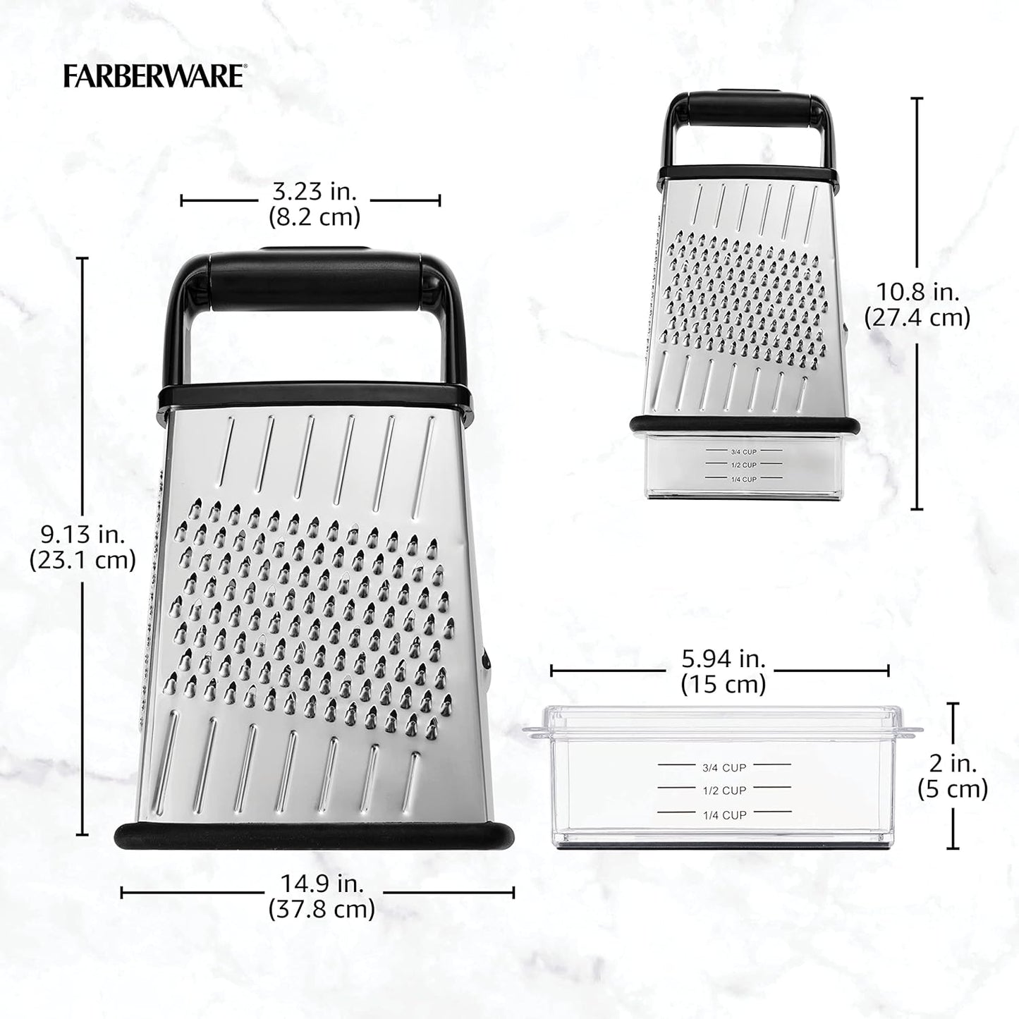 Farberware Professional 4-Sided Slim Stainless Steel Heavy Duty Kitchen Box Grater with Detachable Clear Storage Container, Perfect for Parmesan Cheese, Vegetables, Ginger, with Lemon Zester