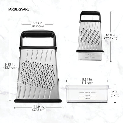 Farberware Professional 4-Sided Slim Stainless Steel Heavy Duty Kitchen Box Grater with Detachable Clear Storage Container, Perfect for Parmesan Cheese, Vegetables, Ginger, with Lemon Zester