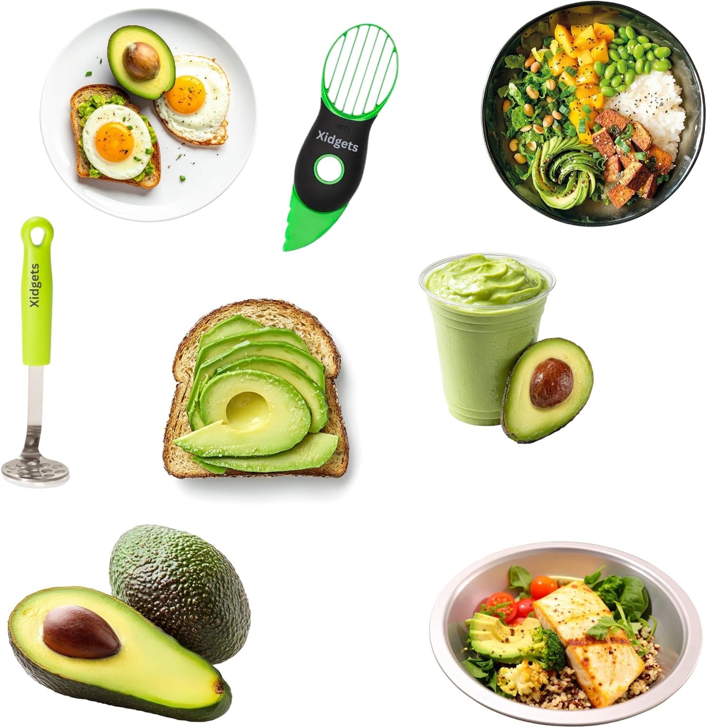 2pc Avocado Tool Set in Box - 3-in-1 Avocado Slicer with Cutter & Pit Remover + Mini Masher - Kitchen Utensil Gift Set for Guacamole Lovers by Xidgets (Zippy Green/Zippy Green)