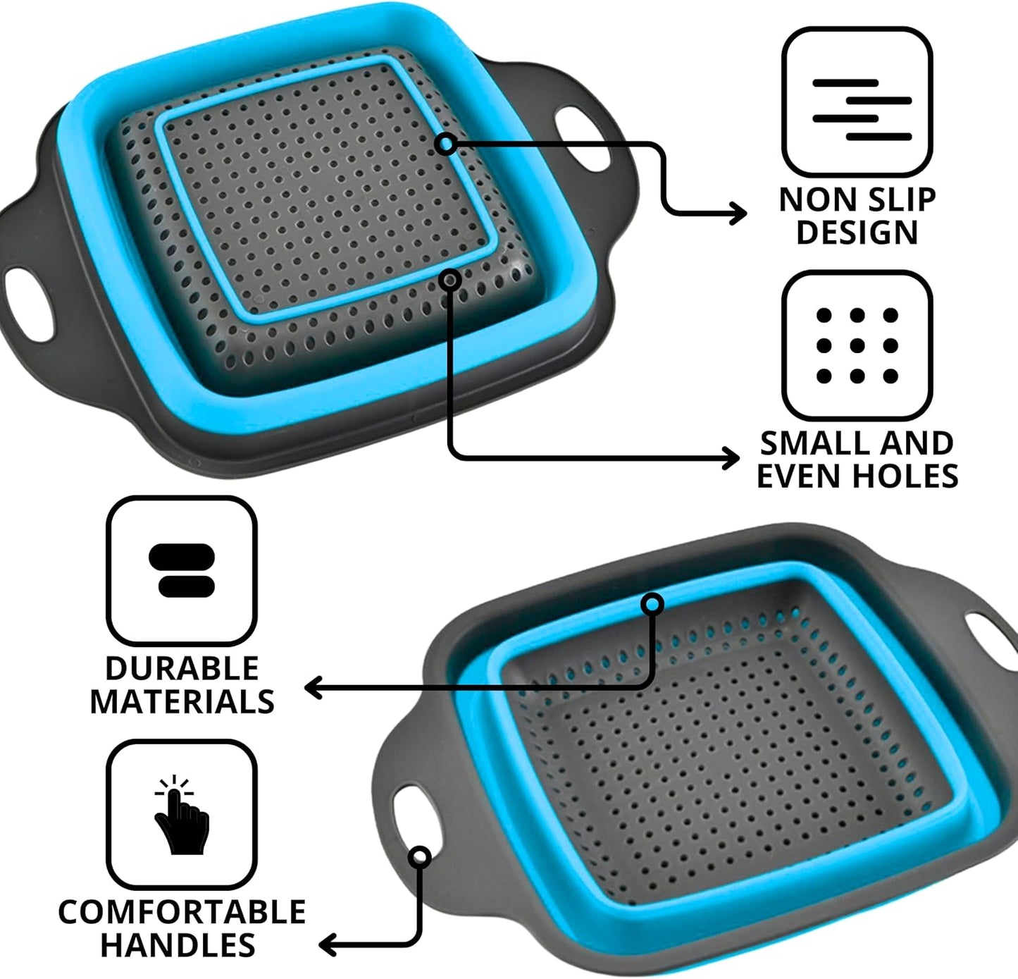Green Kitchen Strainer Colander Set - 2 PCS Multifunctional Colander Silicone Food Strainers for Kitchen for Pasta and Spaghetti Collapsible with Plastic Handles