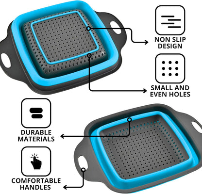 Green Kitchen Strainer Colander Set - 2 PCS Multifunctional Colander Silicone Food Strainers for Kitchen for Pasta and Spaghetti Collapsible with Plastic Handles