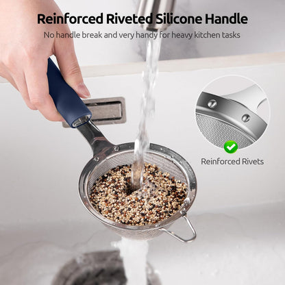 U-Taste Medium Fine Mesh Strainer: 18/8 Stainless Steel 4.73in 30 Mesh Kitchen Food Sieve with Sturdy Riveted Silicone Handle, Heavy Duty Deep Handheld Metal Colander for Rice, Quinoa, Flour (Black)
