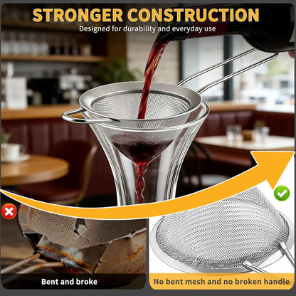 Wine Strainer for Sediment, Fine Mesh Strainer for Kitchen, Made of 304 Stainless Steel, for Smoother Taste, No-Rust, Cone Shape with Rest and Long Handle, Ideal for Wine Decanter, Silver