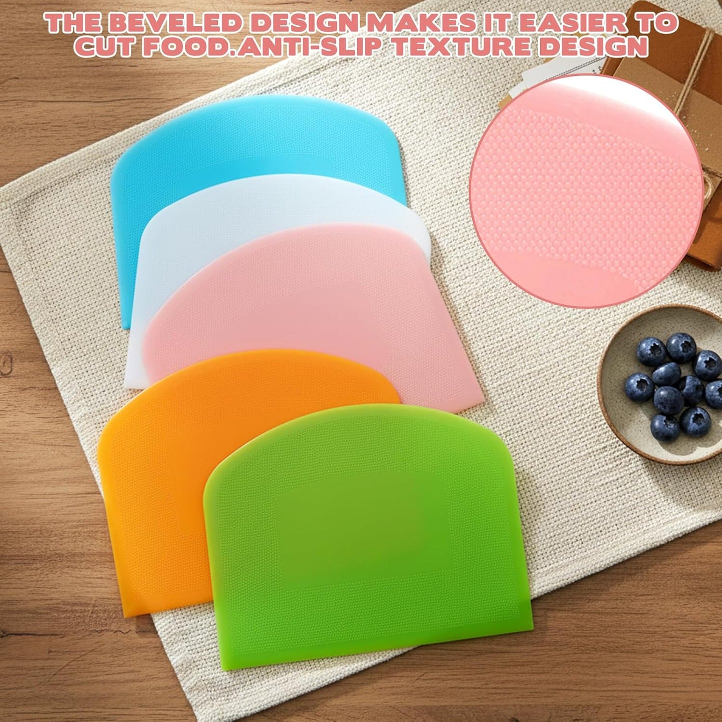 5 Pcs Plastic Bench Scraper, Flexible Dough Cutter Bench Scraper for Sourdough, Food-safe Plastic Bowl Scrapers Kitchen Tool for Baking Cake Bread Fondant Icing (White, Green, Orange, Blue, Pink)