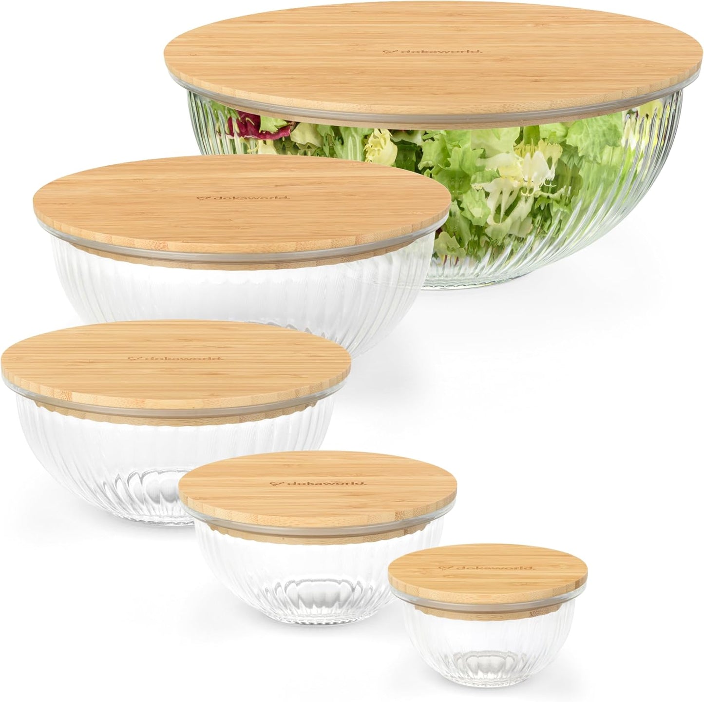 Set of 5 Nesting Glass Bowls with New Updated Acacia Lids for Foodprep, Storage, Mixing & Cooking - Microwave & Oven-ready BPA Free Durable Heat Resistant Inert Borosilicate Glass
