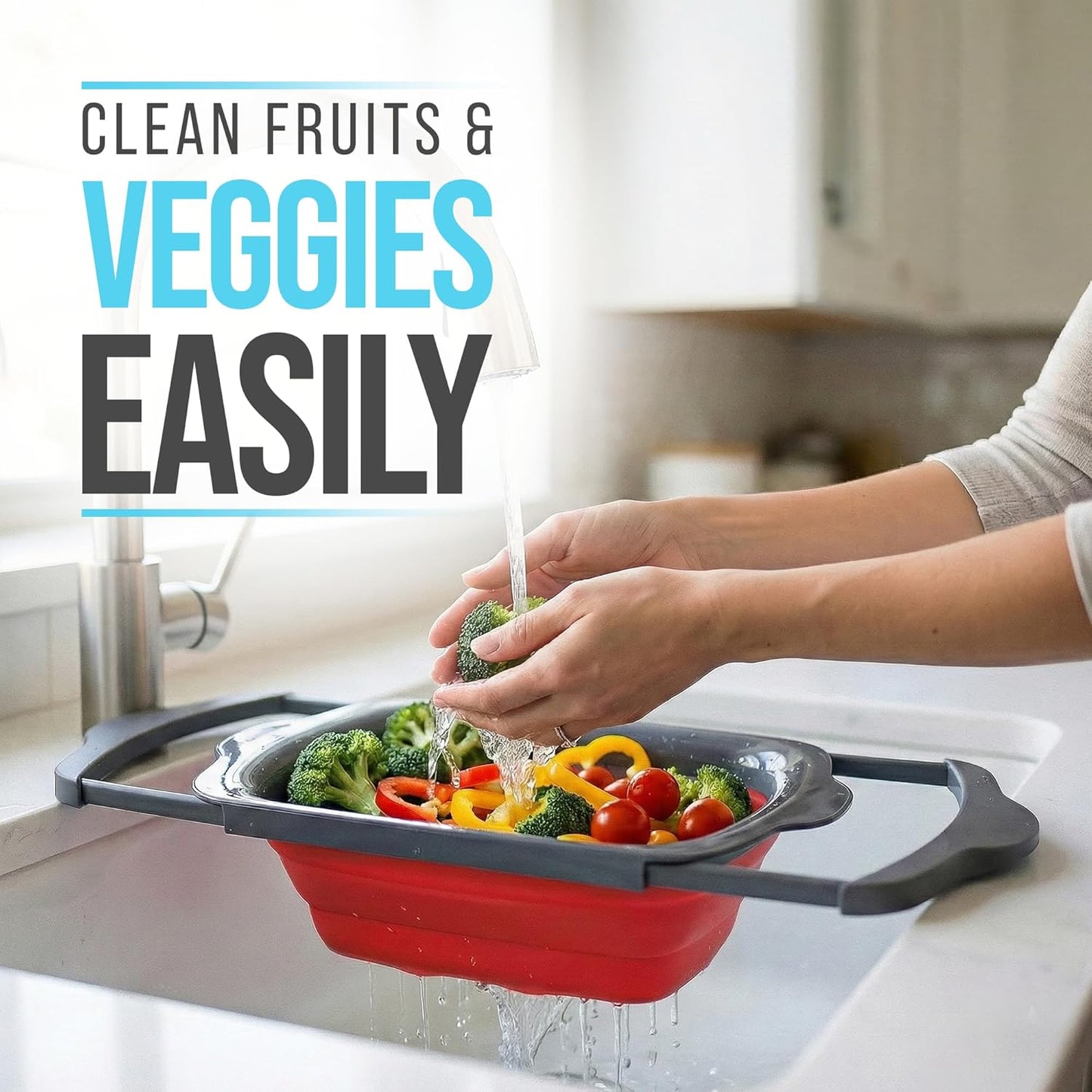 Comfify XL Large Kitchen Strainer - Collapsible Silicone Over - The-Sink Colander with Extendable Handles - Use with Pasta, Fruit, Berries & Veggie - 6 Quart - Blue