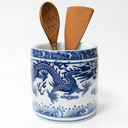 Kitchen Utensil Holder for Kitchen Countertop, Ceramic Cooking Utensils Holder, Large Utensil Crock, Spatula Holder for Counter, Blue and White Tool Holder