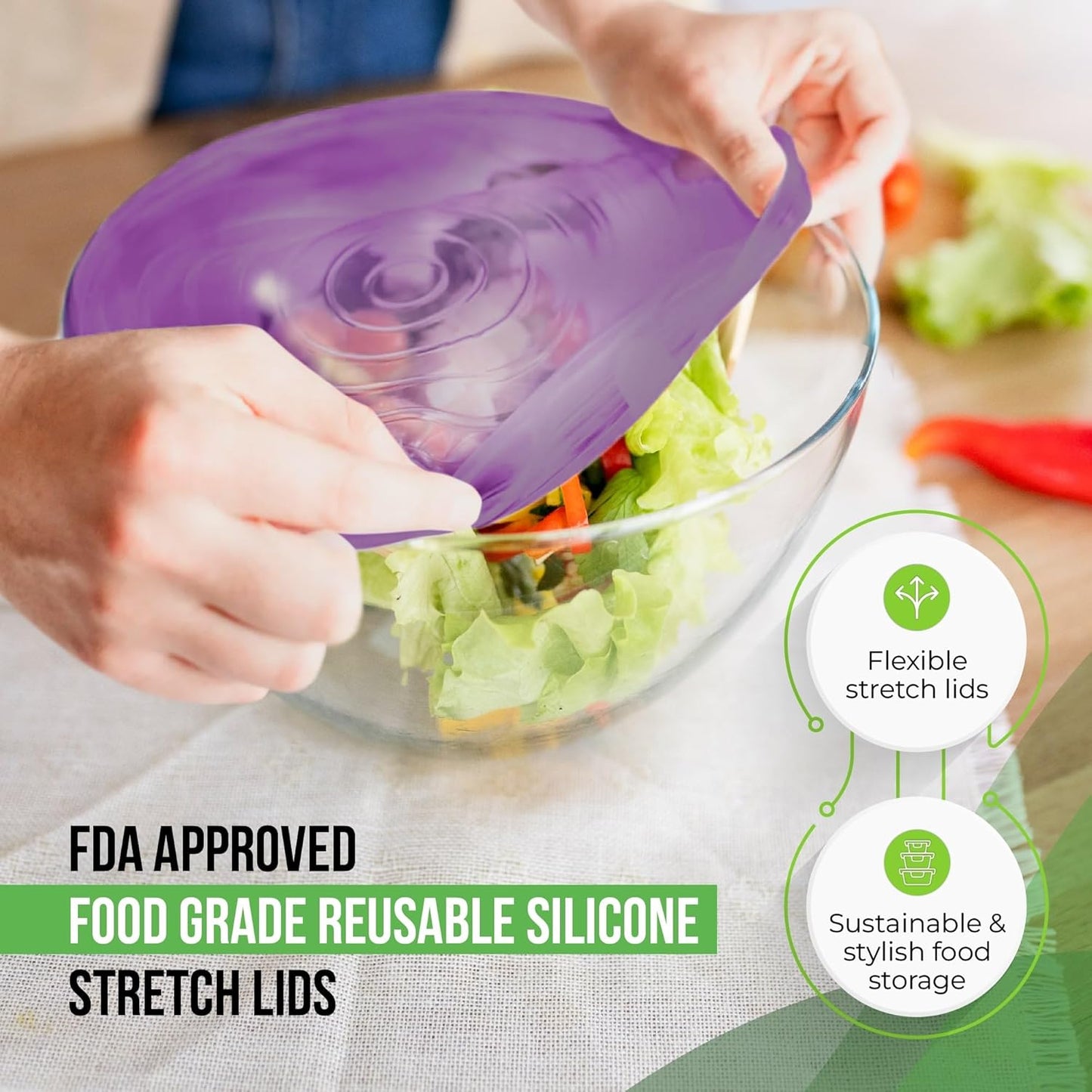 Reusable Silicone Stretch Lids for Food Storage in Fridge - Elastic Heat-Resistant Bowl Covers, Cups, Cans, Jars - Universal Food Grade Lid for Round and Rectangle Containers - Dishwasher Safe -7 Pack