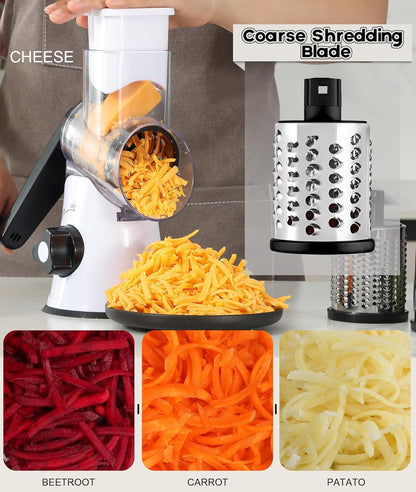 Ourokhome Rotary Cheese Grater Hand Crank, Kitchen Shredder Speed Mandolin Slicer Nut Grinder with Handle and Drum Blades for Cheese, Vegetable, Walnut, Chocolate, Potato, Carrot, 3 Blades, Dark Blue