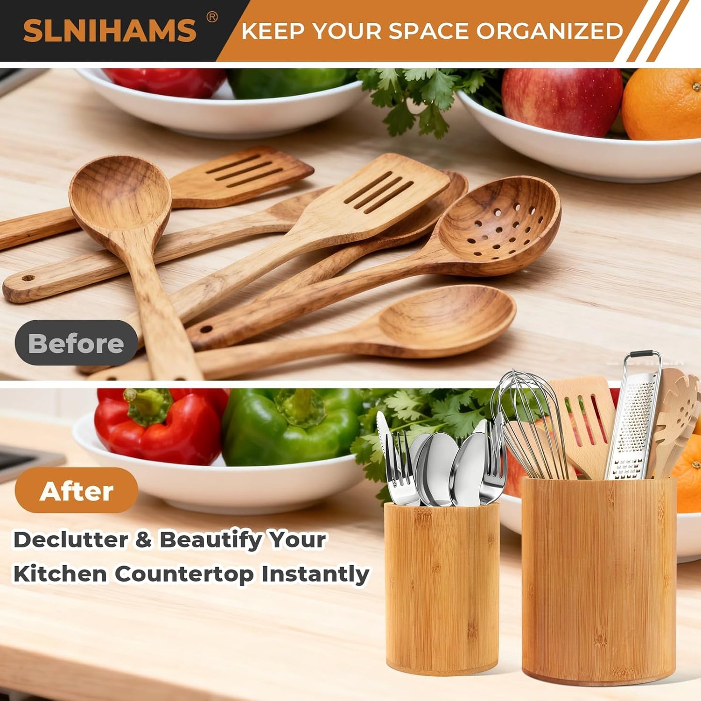 Bamboo Utensil Holder, Large Utensil Holders for Kitchen Counter, Bamboo Spoon and Chopstick Holder for Kitchen Decor, Flatware and Spatula Storage Organizer, for Countertop, Pantry and Bathroom