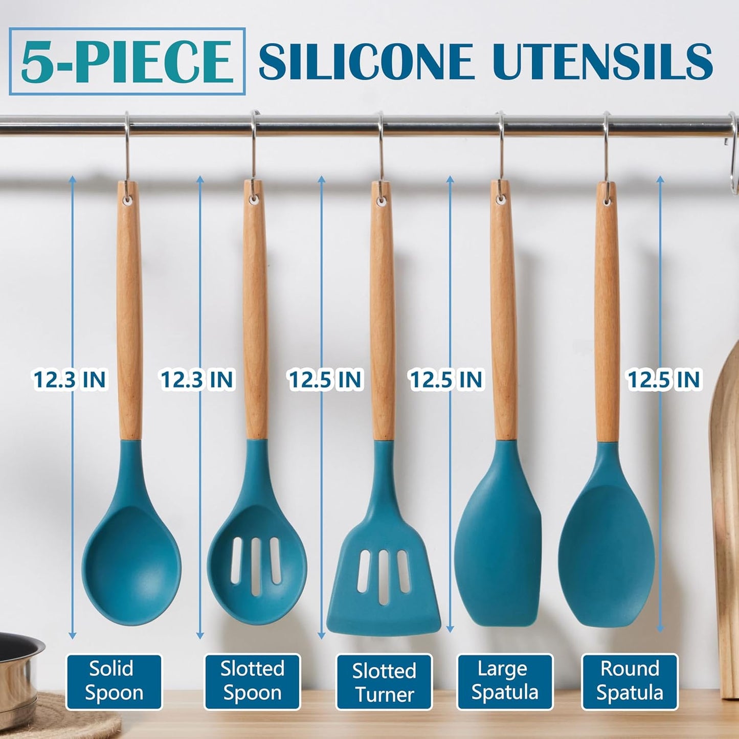 E-far Silicone Cooking Utensils Set, 10-Piece Heat Resistant Kitchen Utensils Set with Wooden Handle for Nonstick Cookware, Kitchen Nonstick Tools Spatula Whisk Tongs Ladle, Non-toxic & Healthy(Khaki)