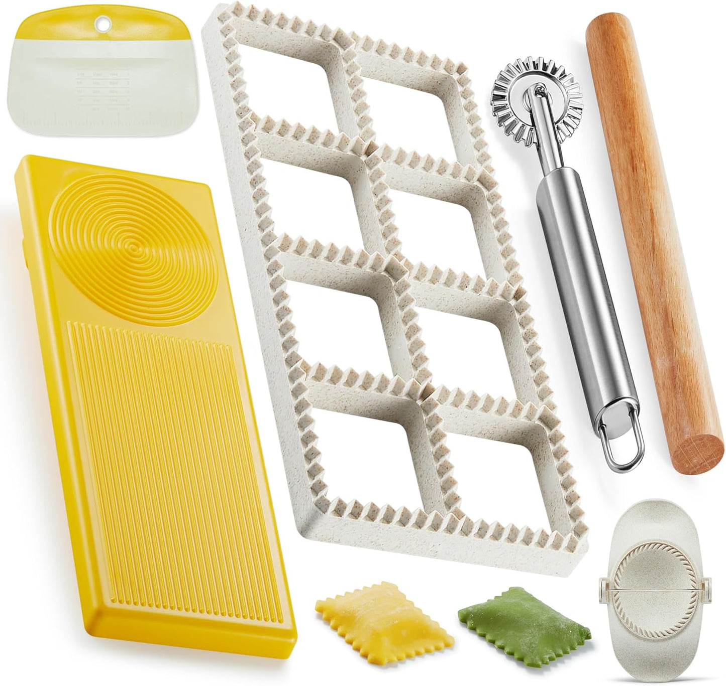Ravioli Maker Press, Ravioli Stamp Maker - Heart Round Squares - 1.85" Squares Ravioli Stamp Maker Cutter with Wood Rolling Pin, 2.6" Empanada Maker Press Kit and Ravioli Wheel, Makes 8 Ravioli