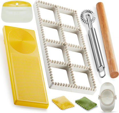 Ravioli Maker Press, Ravioli Stamp Maker - Heart Round Squares - 1.85" Squares Ravioli Stamp Maker Cutter with Wood Rolling Pin, 2.6" Empanada Maker Press Kit and Ravioli Wheel, Makes 8 Ravioli