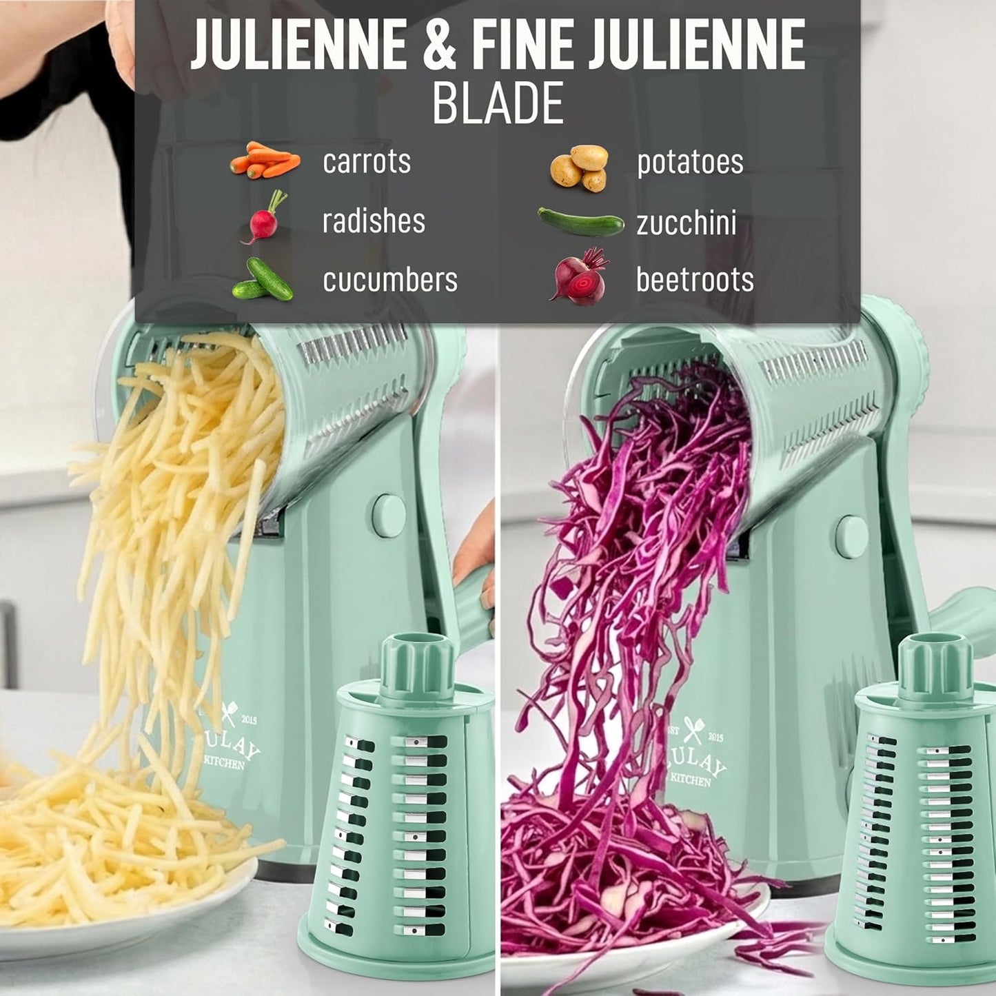 Zulay Kitchen Rotary Cheese Grater 5 Blade Cheese Shredder - Manual Hand Crank Cheese Grater With Reinforced Suction & 5 Interchangeable Drums - Easy to Use, Vegetable Chopper Round Mandoline Slicer - Colors B