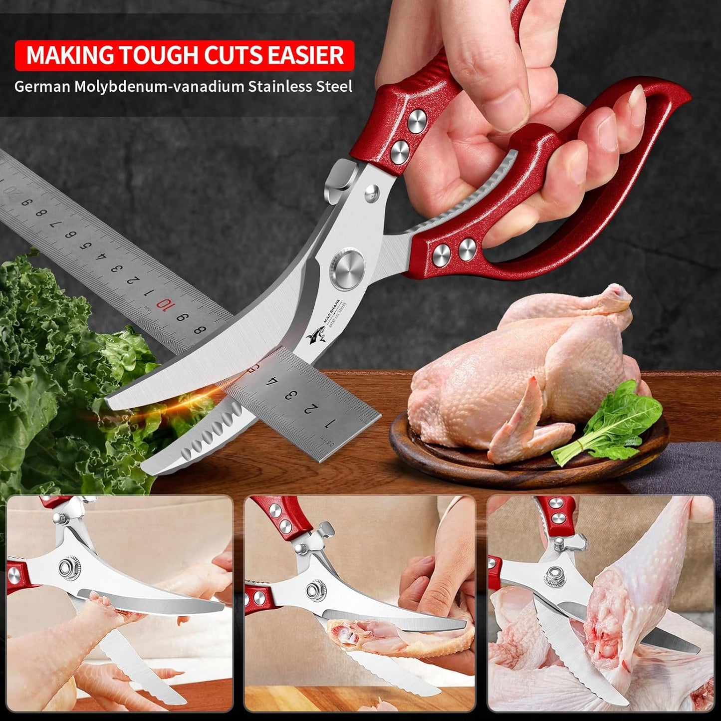 MAD SHARK Heavy Duty Poultry Shears, Kitchen Shears with Non-Slip Handle & Safety Lock, All Purpose Kitchen Scissors for Chicken, Meat Cutting, Turkey, Fish, Vegetables, Spring Loaded, Dishwasher Safe