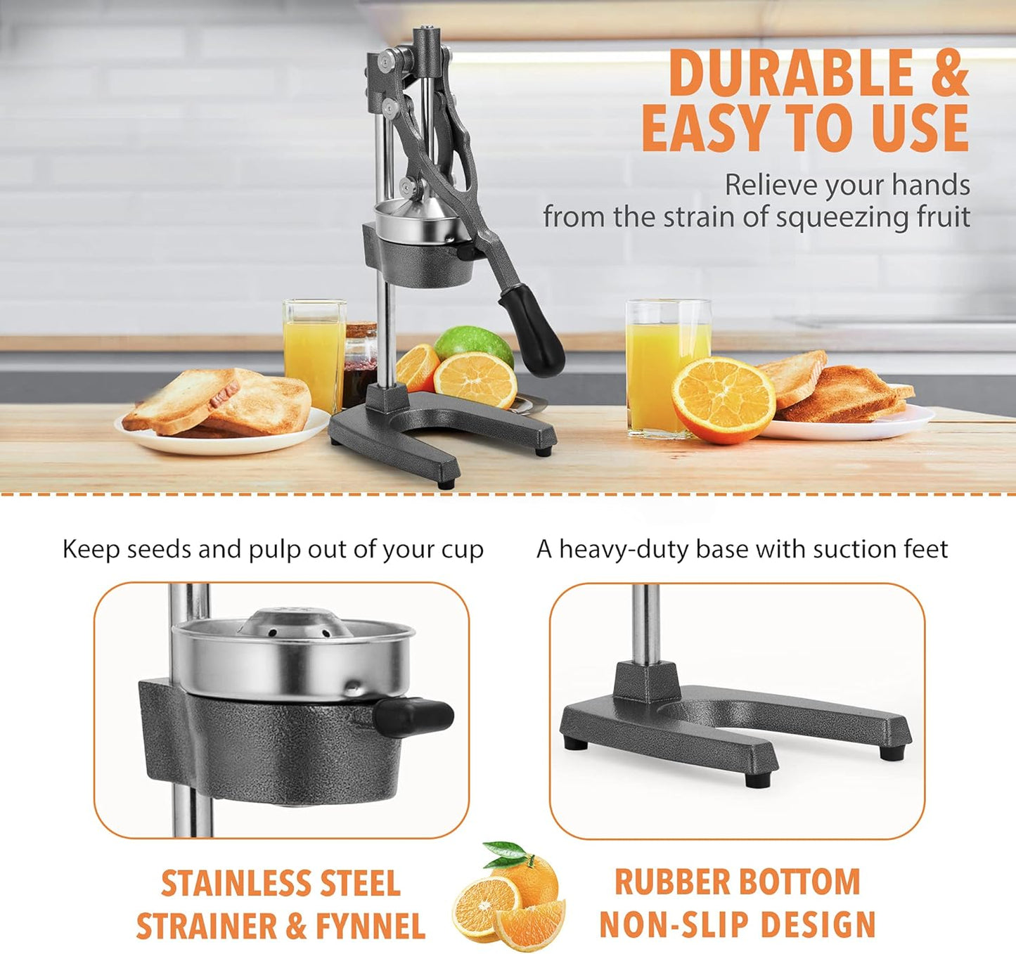 Commercial Heavy Duty Cast Iron Hand Press Manual Orange Citrus Lemon Lime Grapefruit Pomegranate Fruit Juice Squeezer Machine with Stainless Steel Cup