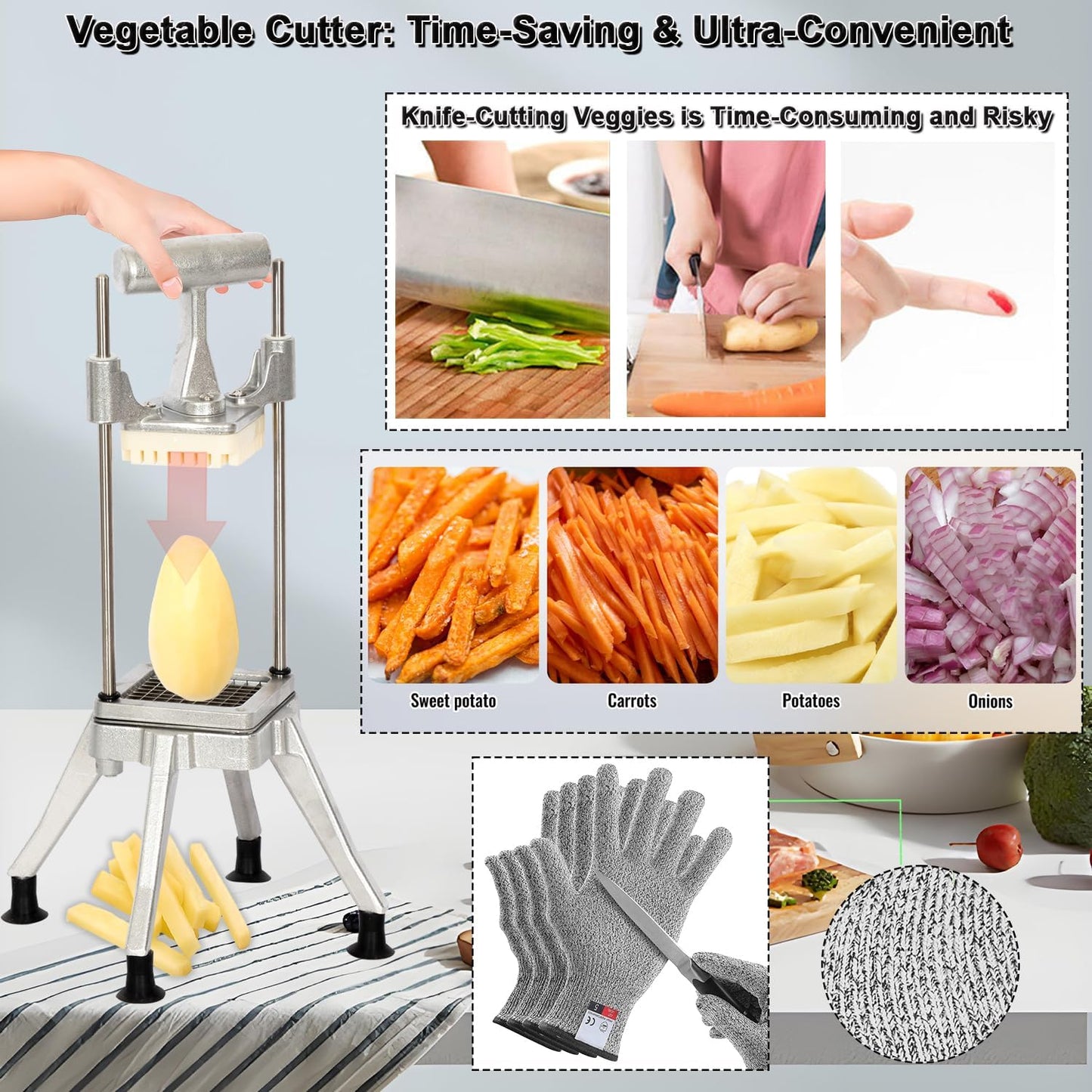 CTJ Commercial Vegetable Chopper & French Fry Cutter with (1/4" 3/8" 1/2") Replacement Blades Stainless Steel Veggie - Home Kitchen or Restaurant Use for Tomato Peppers Potato