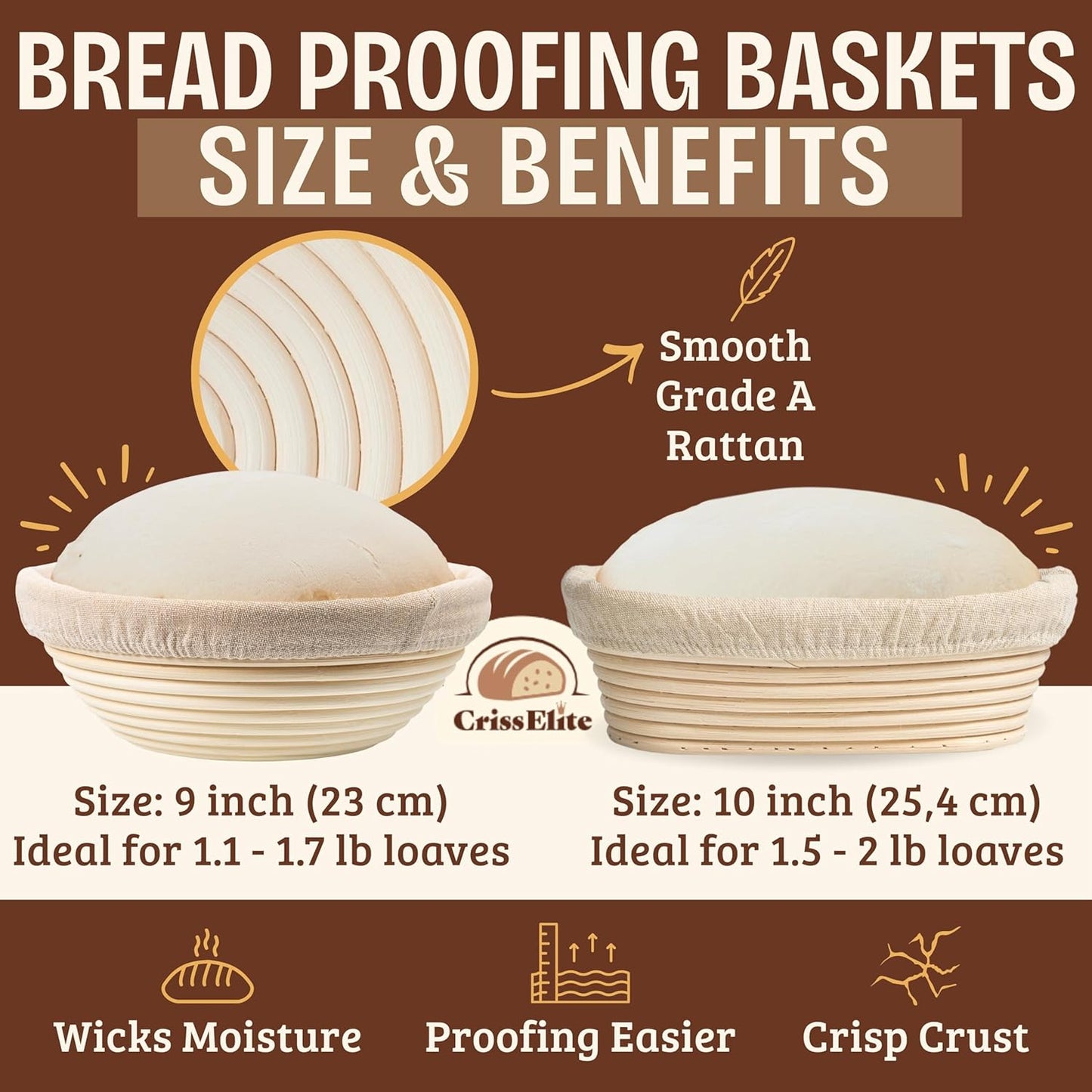 CRISS ELITE 11" Oval Banneton Proofing Basket Set of 2 - Sourdough Starter Kit with Bread Lame, Danish Whisk, Metal & Bowl Scrapers, Cleaning Brush - Professional Artisan Baker Gift Set