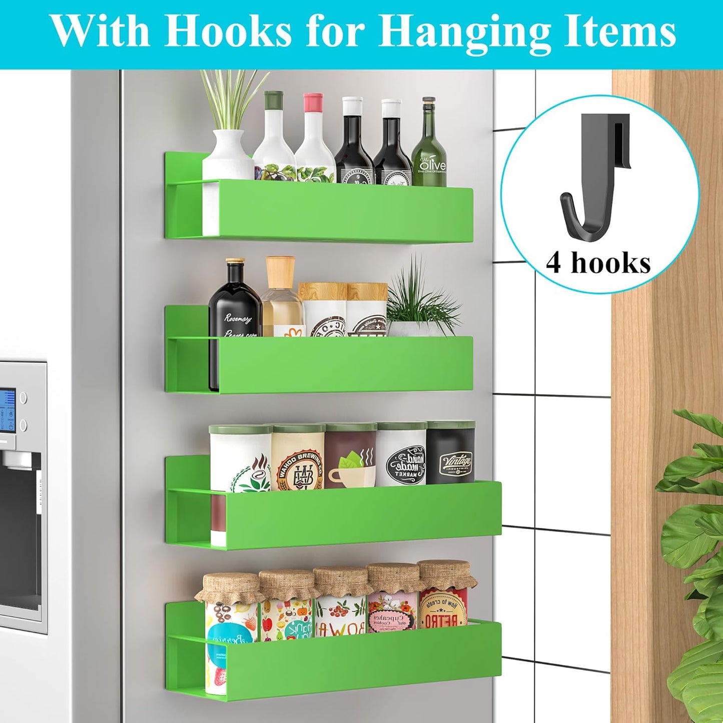 HuggieGems Metal 4 Pack Magnetic Spice Storage Rack Organizer for Refrigerator and Oven, Black Fridge Organizers and Storage, Metal