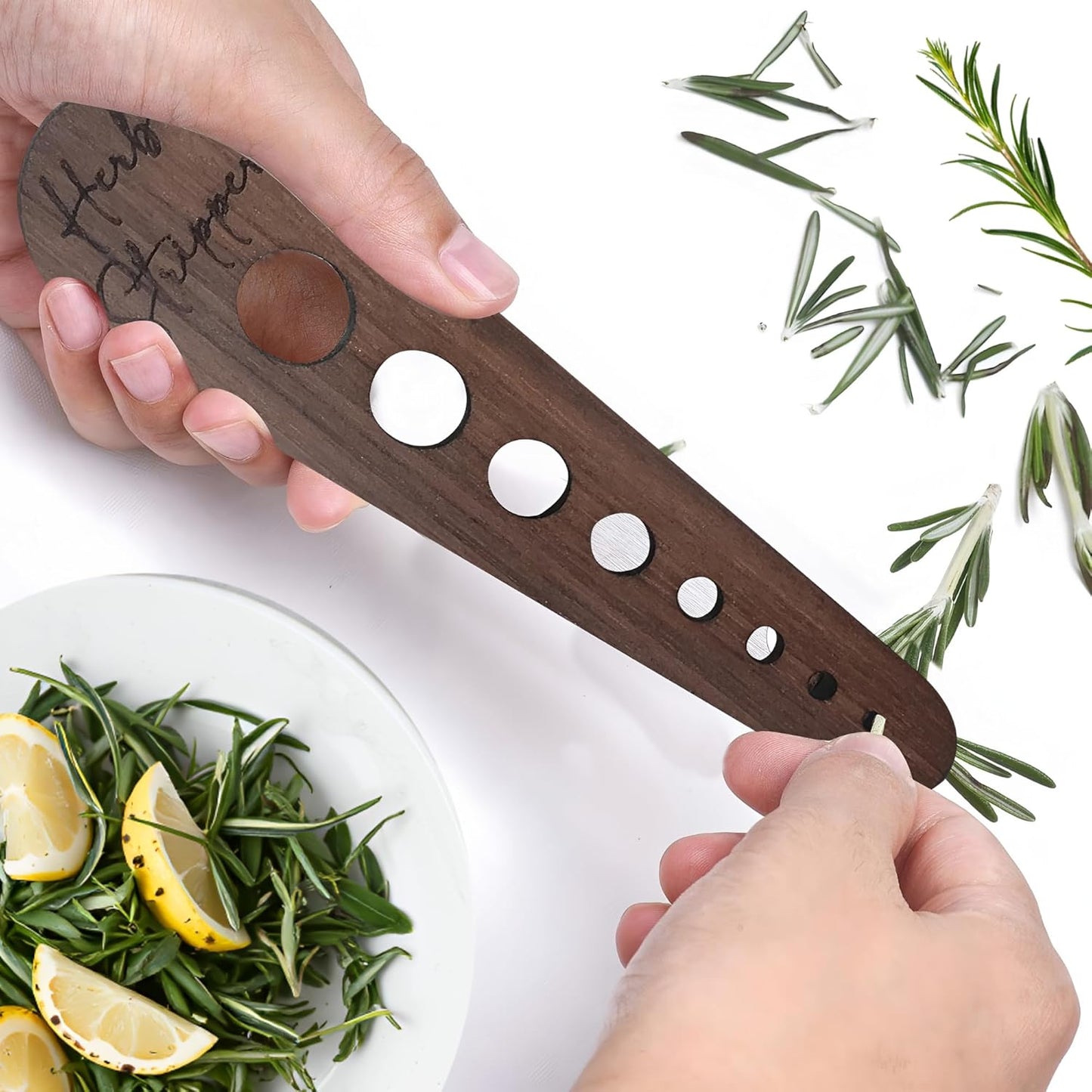 Herb Stripper Tool – Natural Wood Leaf Remover with 8 Hole Sizes, Laser Engraved Kitchen Gadget for Parsley, Thyme, Rosemary – Gift for Home Cooks & Gardeners